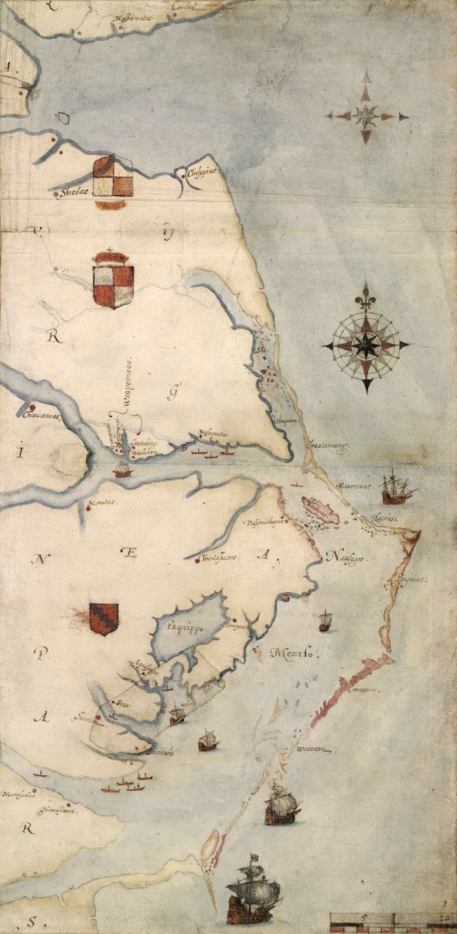 A British Museum fotómásolata a John White által használt, Roanoke-szigetét is feltüntető 16. századi térképről