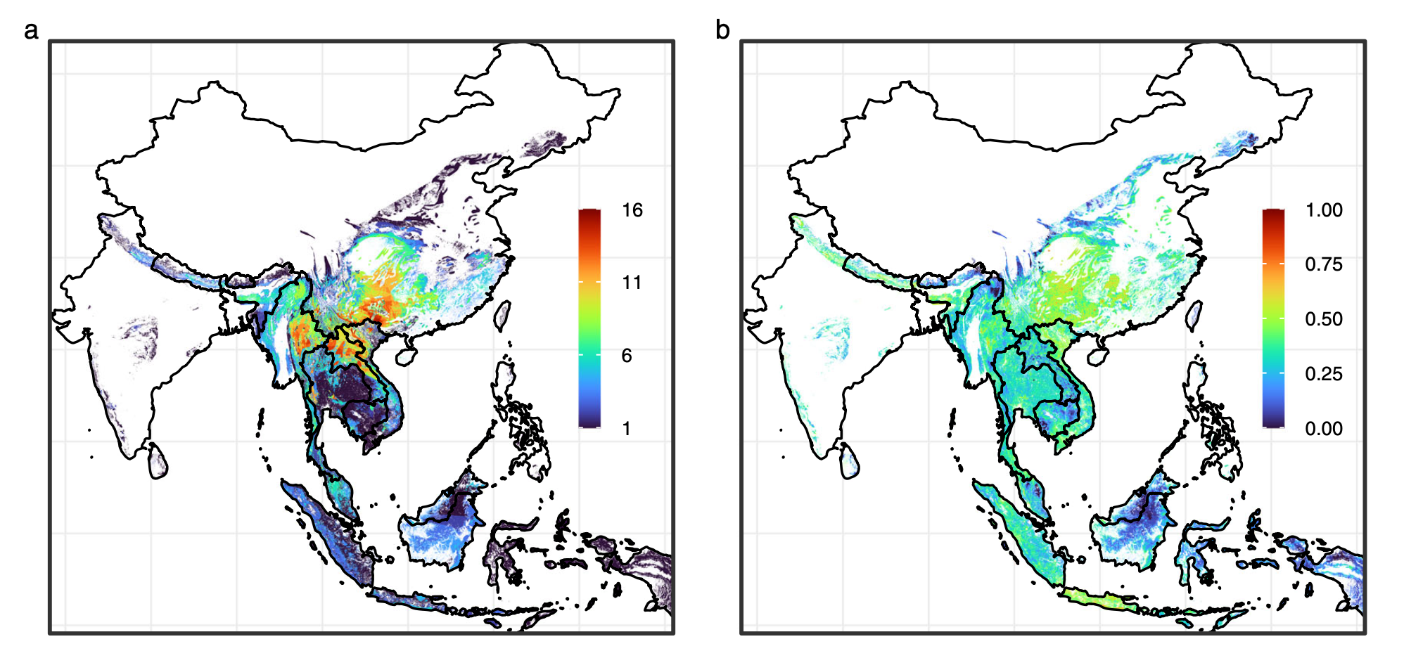 A SARS-rokon koronavírusokat hordozó denevérek fajgazdagsága (bal oldalon) és az emberi lakosságszámmal összevetett elterjedésük (jobb oldalon) Dél-Kelet-Ázsiában. A piros színek nagyobb fajgazdagságot, és emberek-denevérek közötti átfedésre utalnak.