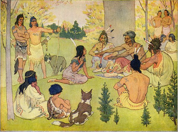 Elmer Boyd Smith illusztrációja az 1906-ban megjelent, Pocahontas és John Smith kapitány története című gyerekkönyvből. A később Rebecca Rolfe néven ismert Pokahontasz a póhatan törzsszövetség főnökének lánya volt.