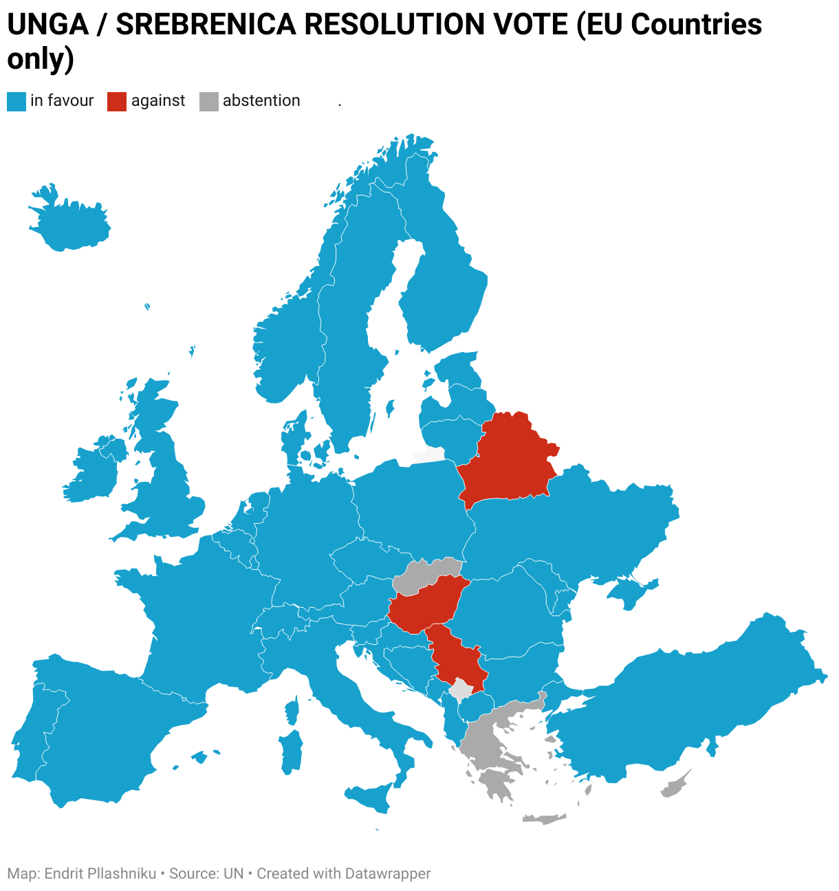 A srebrenicai népirtás nemzetközi emléknapja ellen szavazó európai országok: Magyarország, Szerbia, Belarusz és a térképen nem látszódó Oroszország.