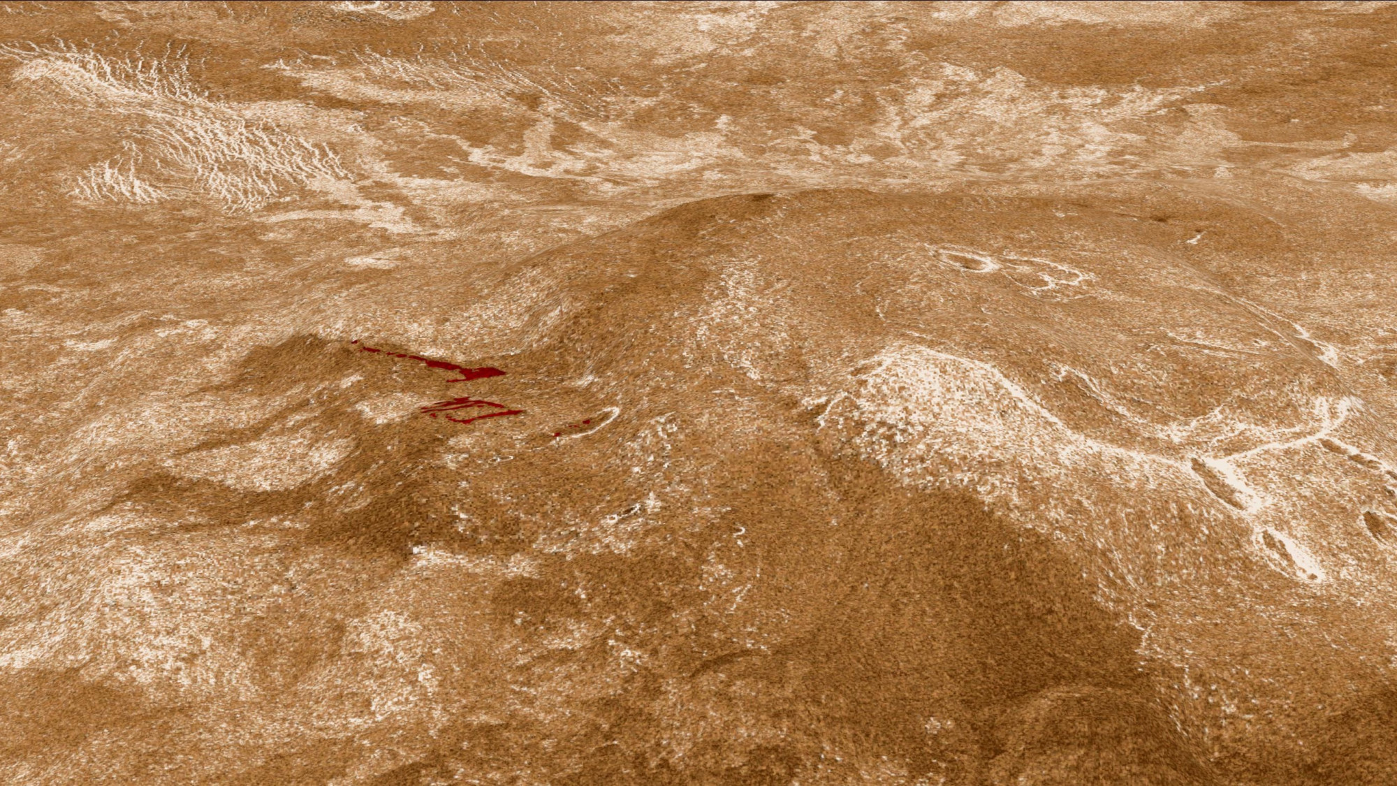A lávafolyás (pirossal) a Sif Mons vulkán lejtőin