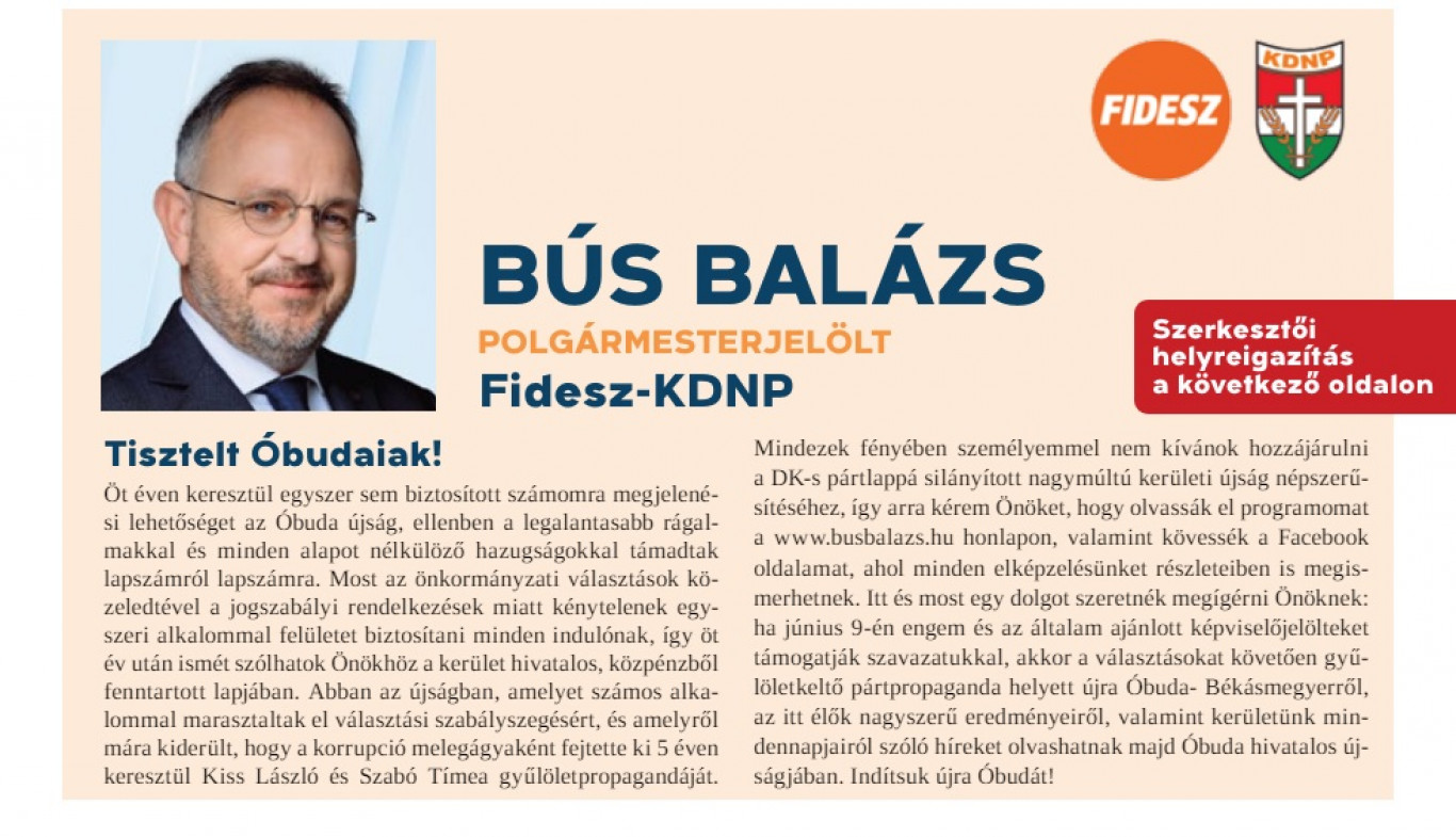 A fideszes Bús Balázs azt ígéri, ha Óbuda megválasztja, véget vet a gyűlöletkeltő propagandának