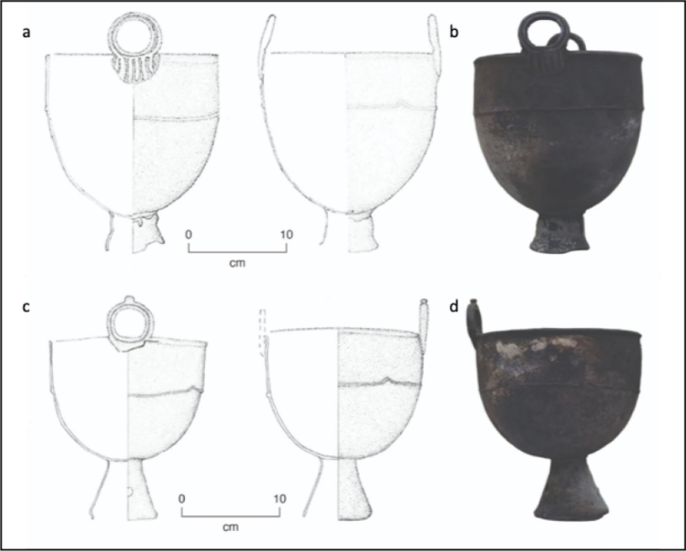 Az a és c jelzésű rajzok azt mutatják, hogy nézhettek ki az üstök használat közben (szemből és oldalnézetben), míg a b és d jelzésű fotók a bronz leletekről készültek