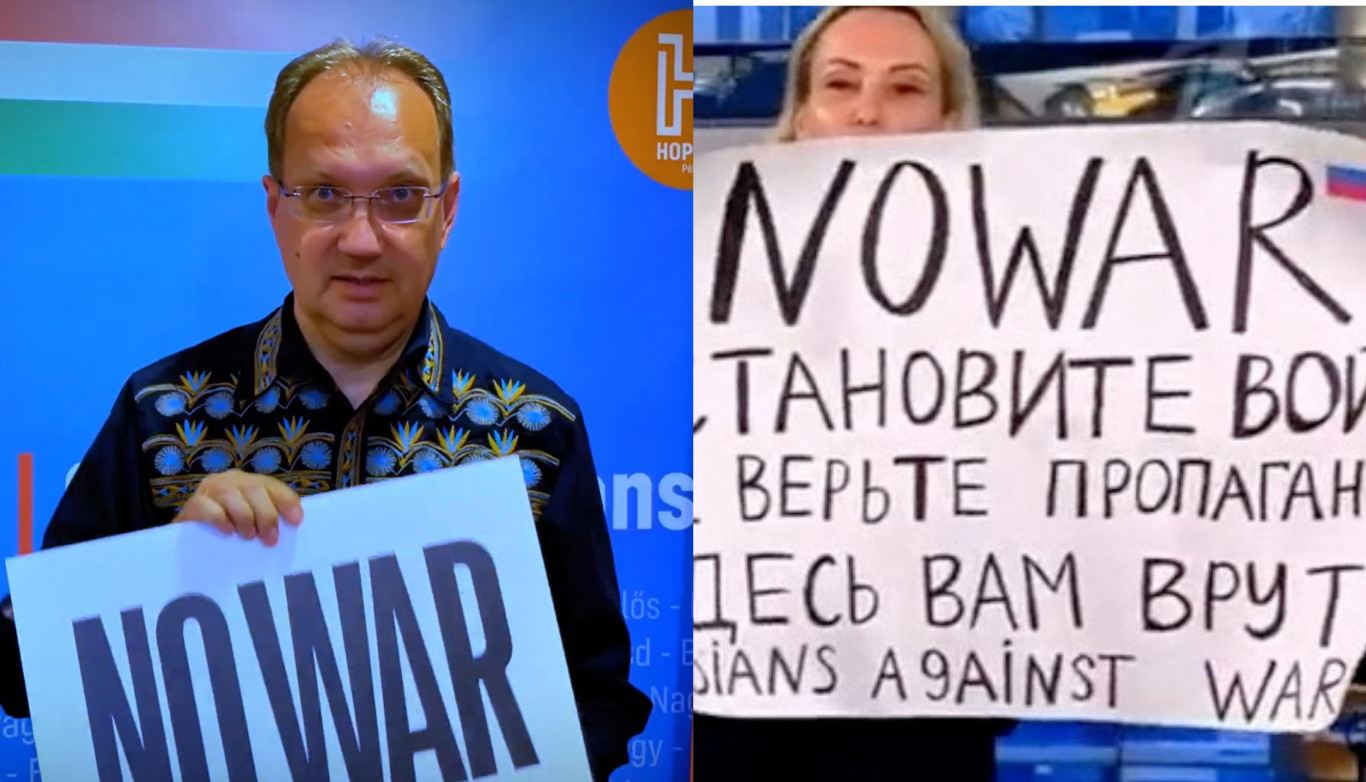 NO WAR! Hoppál olyan táblával kampányol, amilyenért Oroszországban letartóztatnak