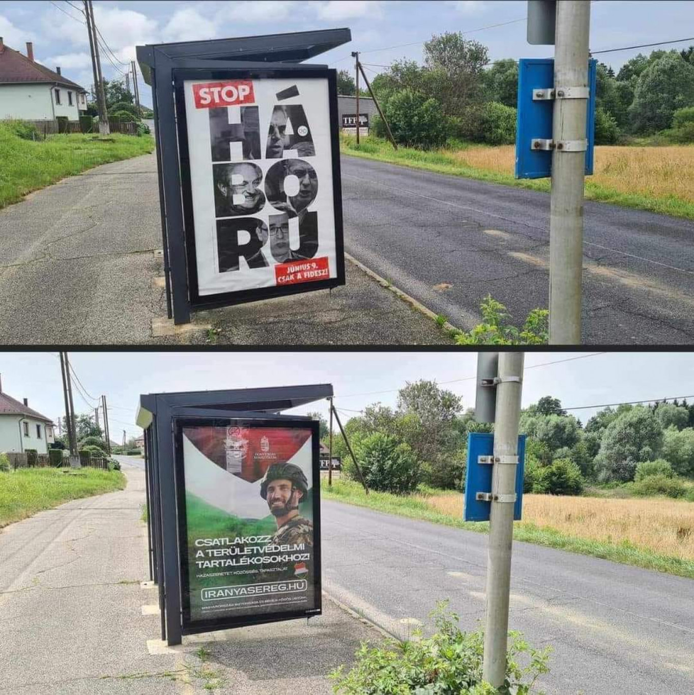 A háborúval riogató Fidesz-plakát helyére a hadsereg toborzós plakátja került a Rogán Antal faluja felé vezető úton