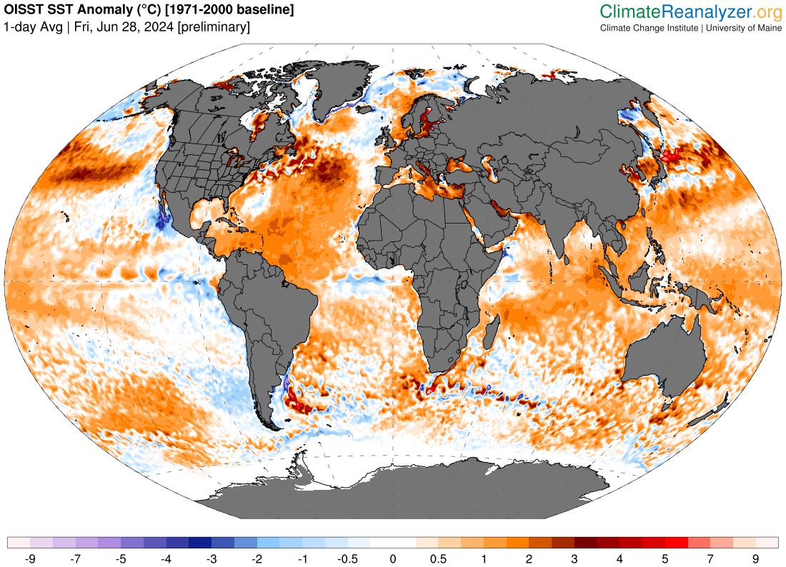 Az óceánok tengerfelszíni hőmérsékletének (sea surface temperature, SST) anomáliája az 1971-2000-es időszakhoz képest 2024 június 28-án