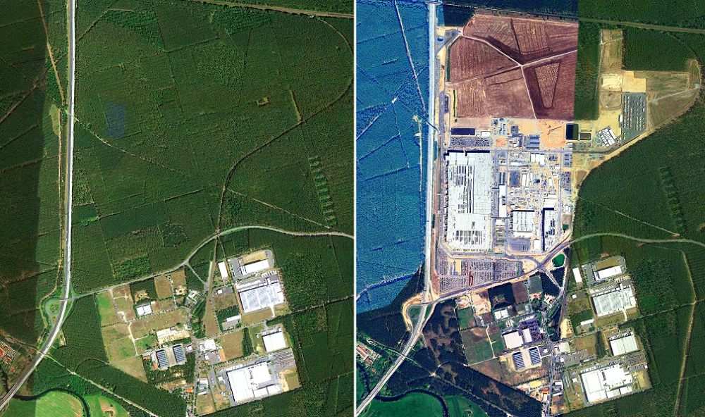 A Berlin melletti Tesla Gigafactory területe 2019-ben és 2023-ban