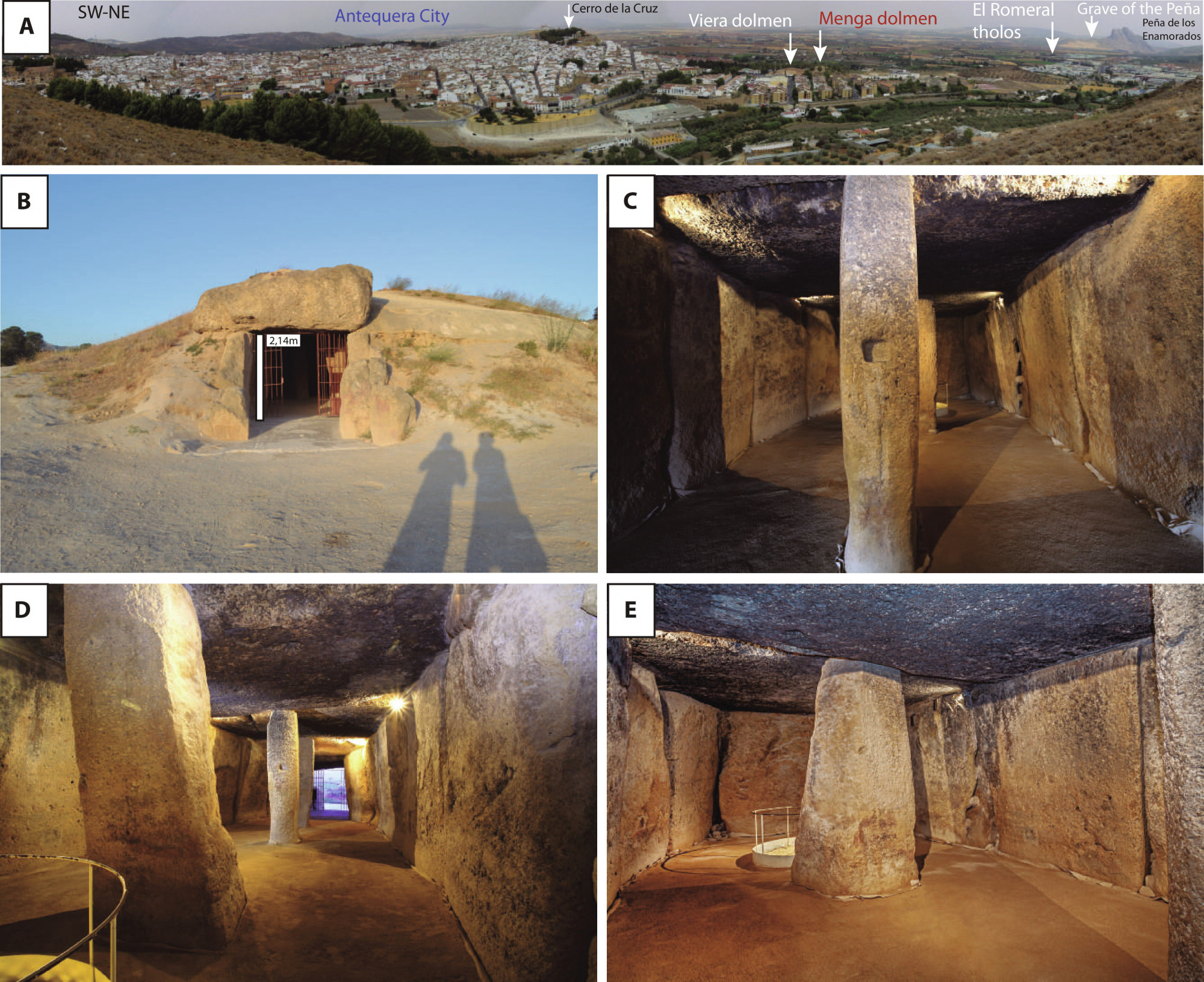 A: Panorámafotó Antequera városáról és az újkőkori építményekről; B: a Menga dolmen bejárata; C: a dolmen beltere az egyik tartópillérrel; D: a beltér oszlopai; E: a dolmen kamrája