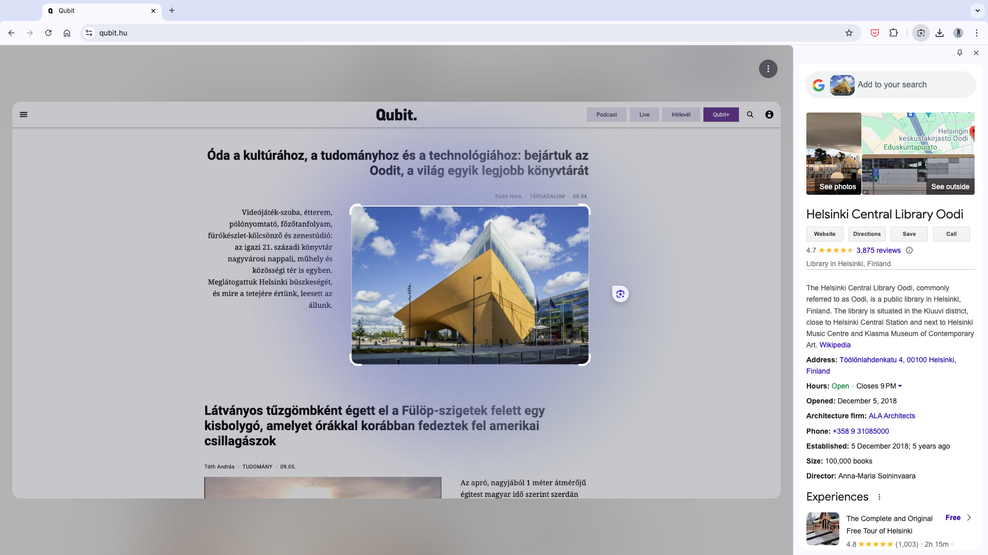 A beépített Google Lens funkció egy kép alapján felismeri az Oodit, Helsinki különleges könyvtárát