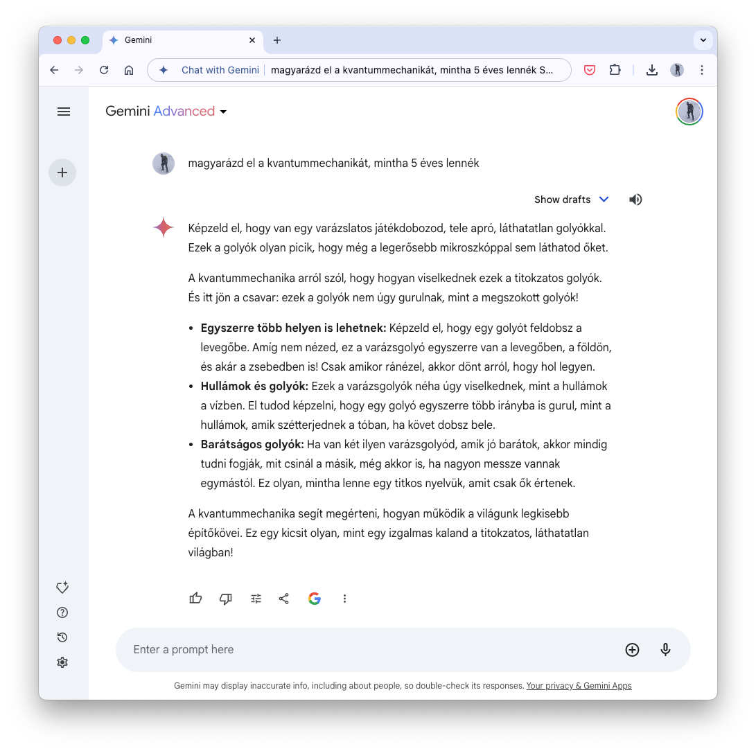 Miután a böngésző címsorába beírjuk, hogy @gemini és nyomunk egy szóközt, máris promptolhatjuk a Google chatbotját