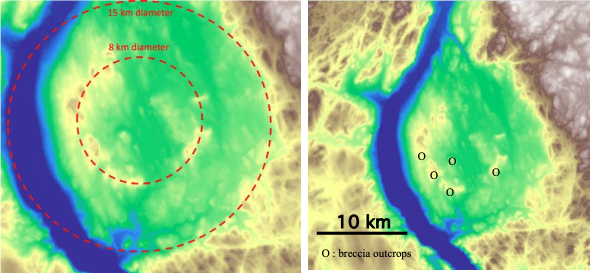 A breccsa kőzetkibukkanások a feltételezett, 8 kilométer átmérőjű belső krátergyűrűn helyezkednek el