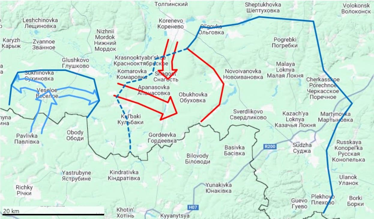 Kékkel az ukránok mozgása, pirossal az oroszoké, 2024 szeptemberében