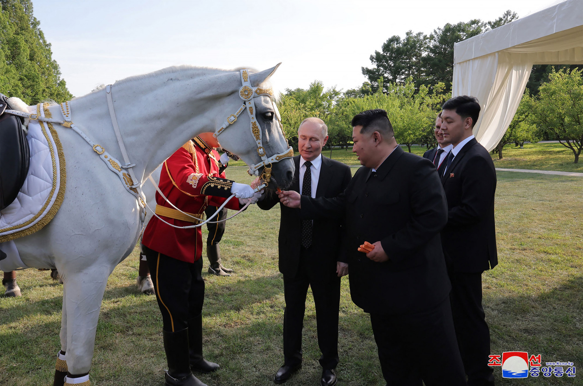 Putyin és Kim Jong Un találkozik egymással és egy lóval 2024. június 19-én.