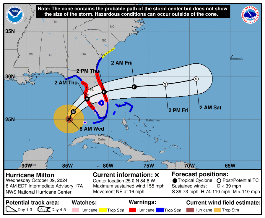 A Milton hurrikán várható útvonala a legfrissebb október 9-ei előrejelzés szerint