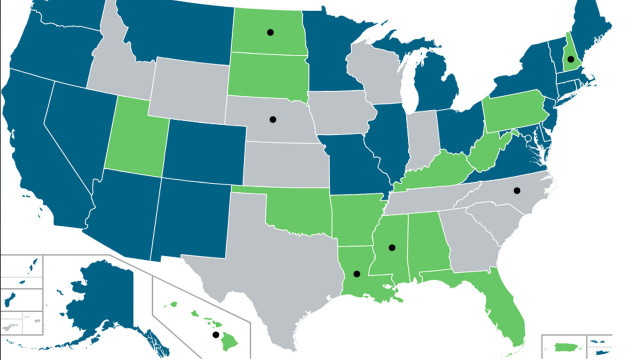 A kannabiszt gyógyászati (zöld) és rekreációs (kék) célból legalizáló államok az USA-ban