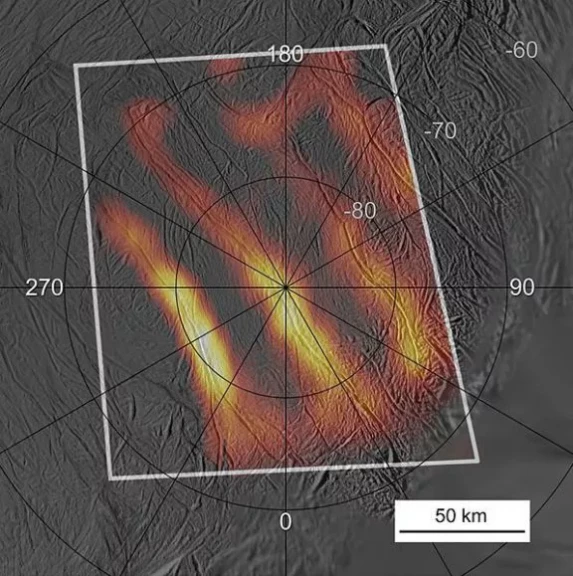 Az Enceladus déli pólusánál található tigriscsíkok hőkibocsátása a Cassini űrszonda mérései alapján