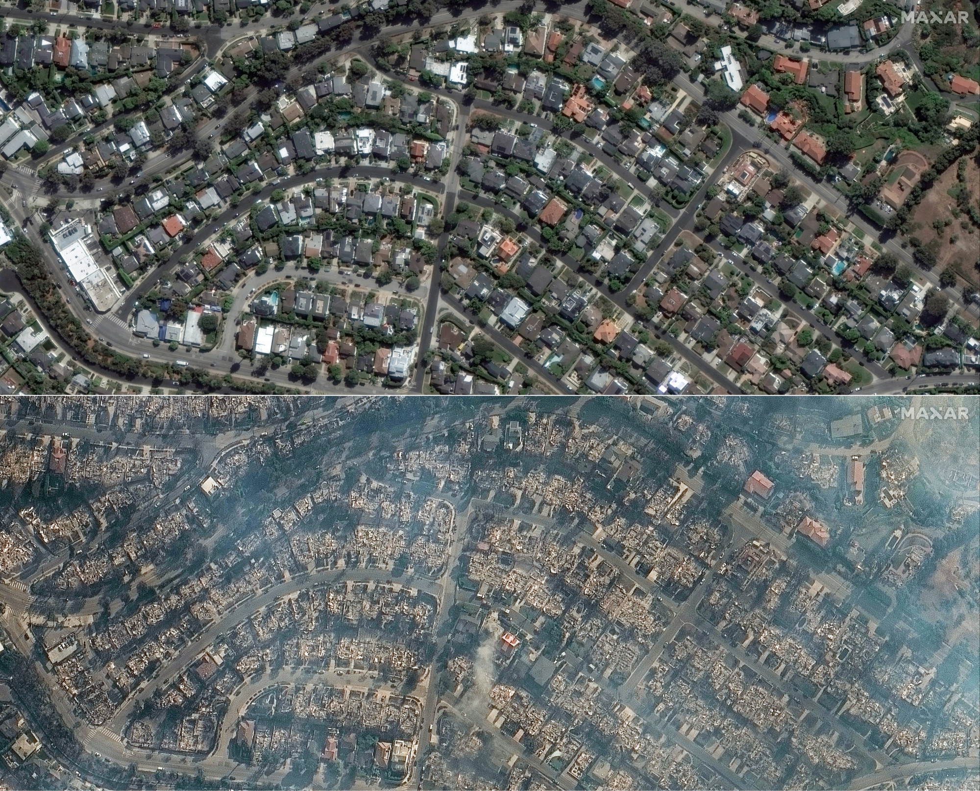 A Los Angeles- elit lakónegyed, a Pacific Palisades egy része látható a műholdképen. A felsőt tavaly október közepén, az alsót idén január 9-én készítették.