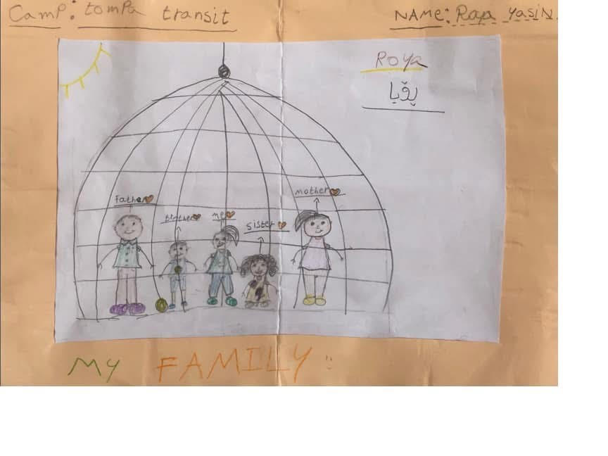 Gyerekrajz egy tranzitzónában tartózkodó családról