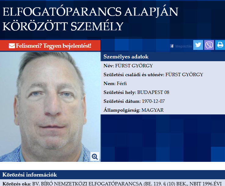 Kiadták a nemzetközi elfogatóparancsot Fürst György ellen