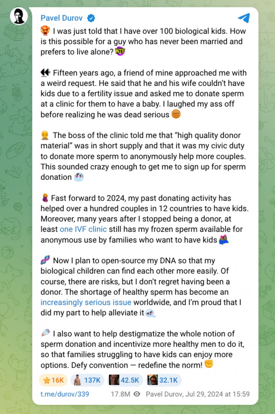 A Telegram vezetője mindenkinek kifizeti a lombikprogram költségeit, aki az ő spermáját használja hozzá