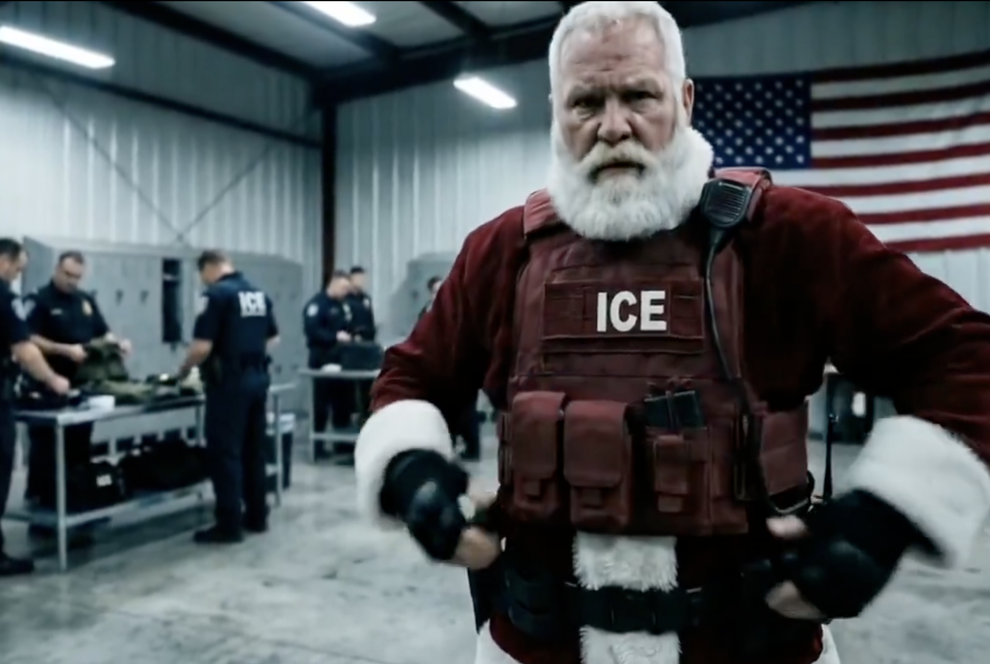 Golyóálló mellényes Mikulás tessékeli haza a bevándorlókat az Egyesült Államok Bevándorlási és Vámhivatalának videójában