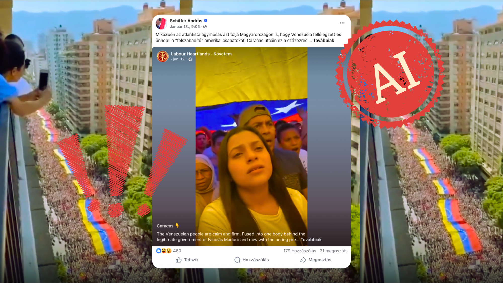 Schiffer András egy olyan AI-videót osztott meg az állítólag Maduro mellett tüntető „százezres tömegről”, amin még a venezuelai zászlót is sikerült elrontani