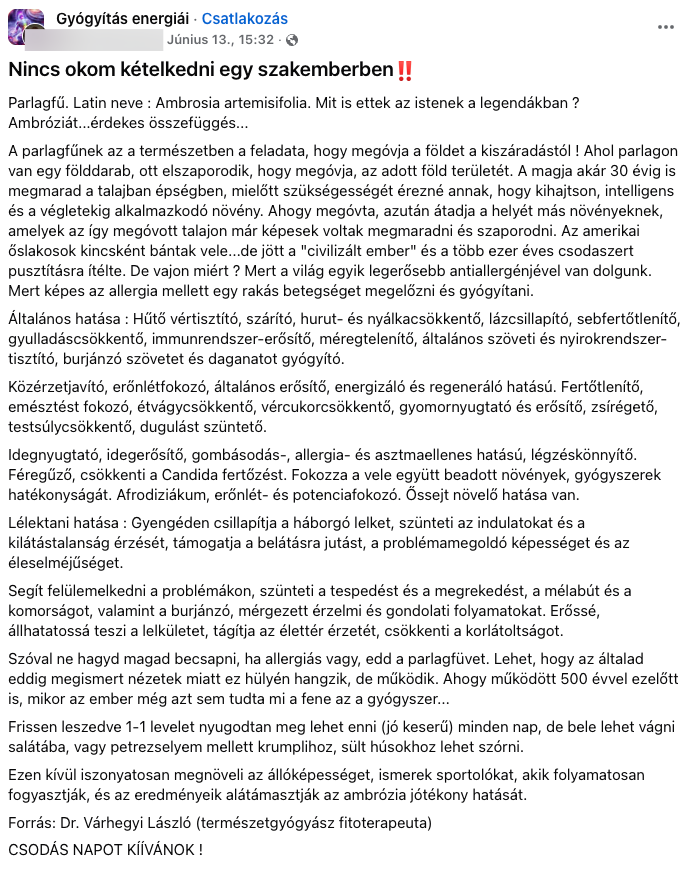 Képernyőkép a Gyógyítás energiái csoportban megosztott bejegyzésről
