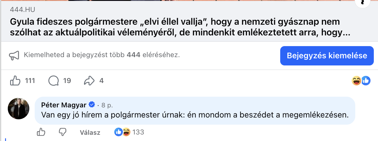 Gyula fideszes polgármestere „elvi éllel vallja”, hogy a nemzeti gyásznap nem szólhat az aktuálpolitikai véleményéről, de mindenkit emlékeztetett arra, hogy megvan a véleménye Magyar Péterről
