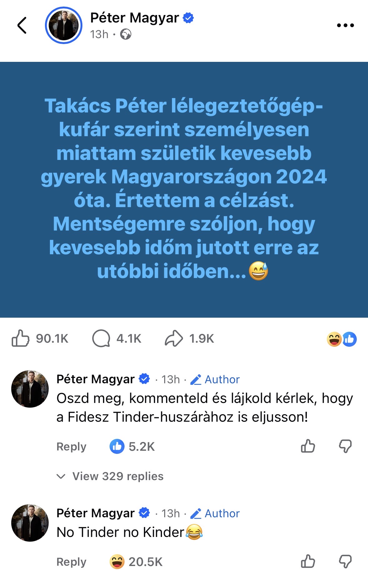 Magyar Péter sírva nevetős emojival reagált arra, hogy a „miniszterelnö kúr”