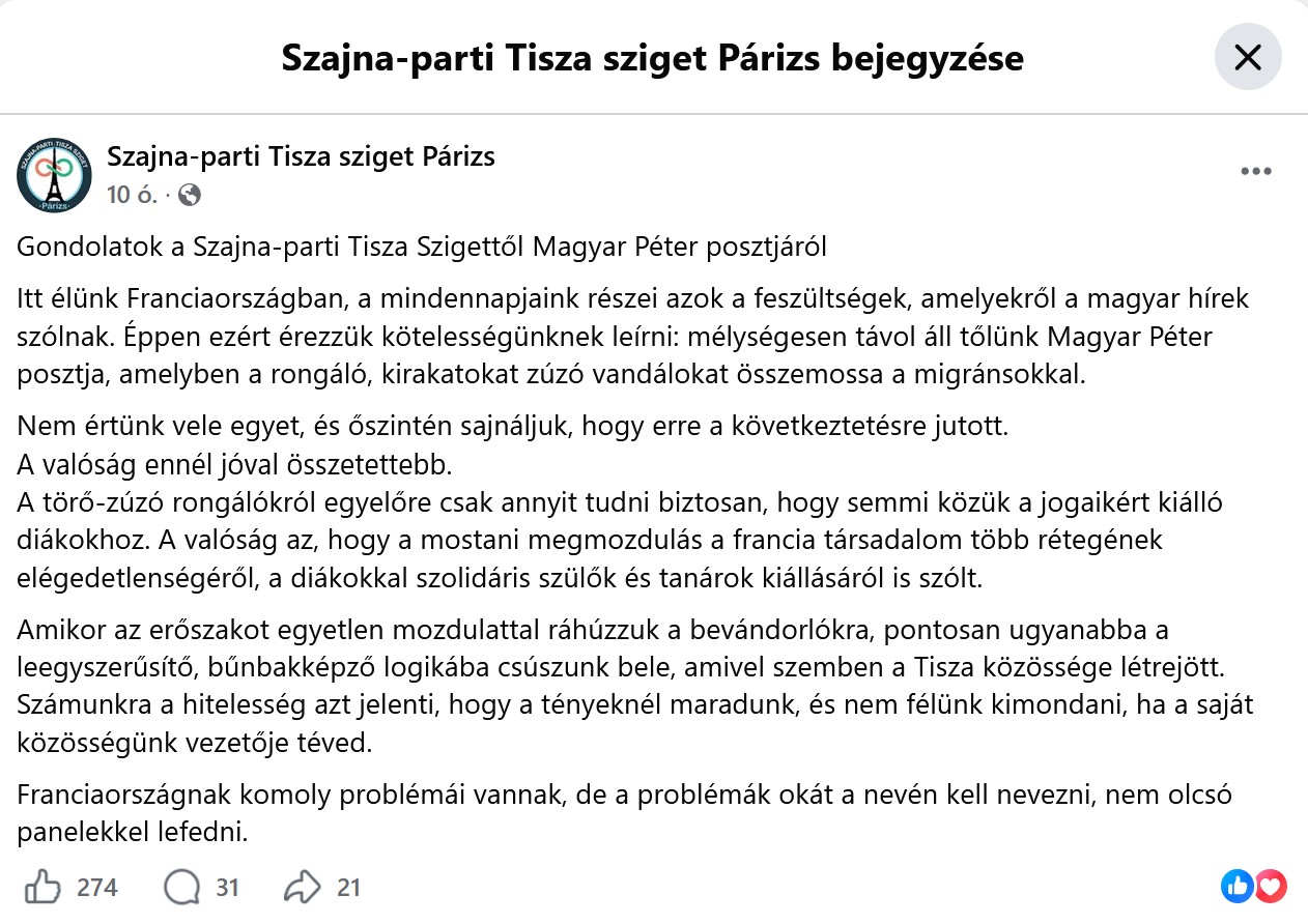 A Szajna-parti Tisza sziget nem ért egyet azzal, hogy Magyar Péter migránsozott a franciaországi tüntetések kapcsán